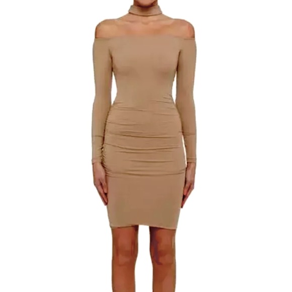 KOOKAI Sadie Tan Ruched Halter Bodycon Dress Sz 1 - Picture 1 of 7